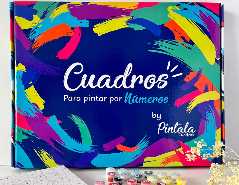 Kit de pinturas por números con caja azul y colores vivos para cuadro Montaña 7 Colores Perú.