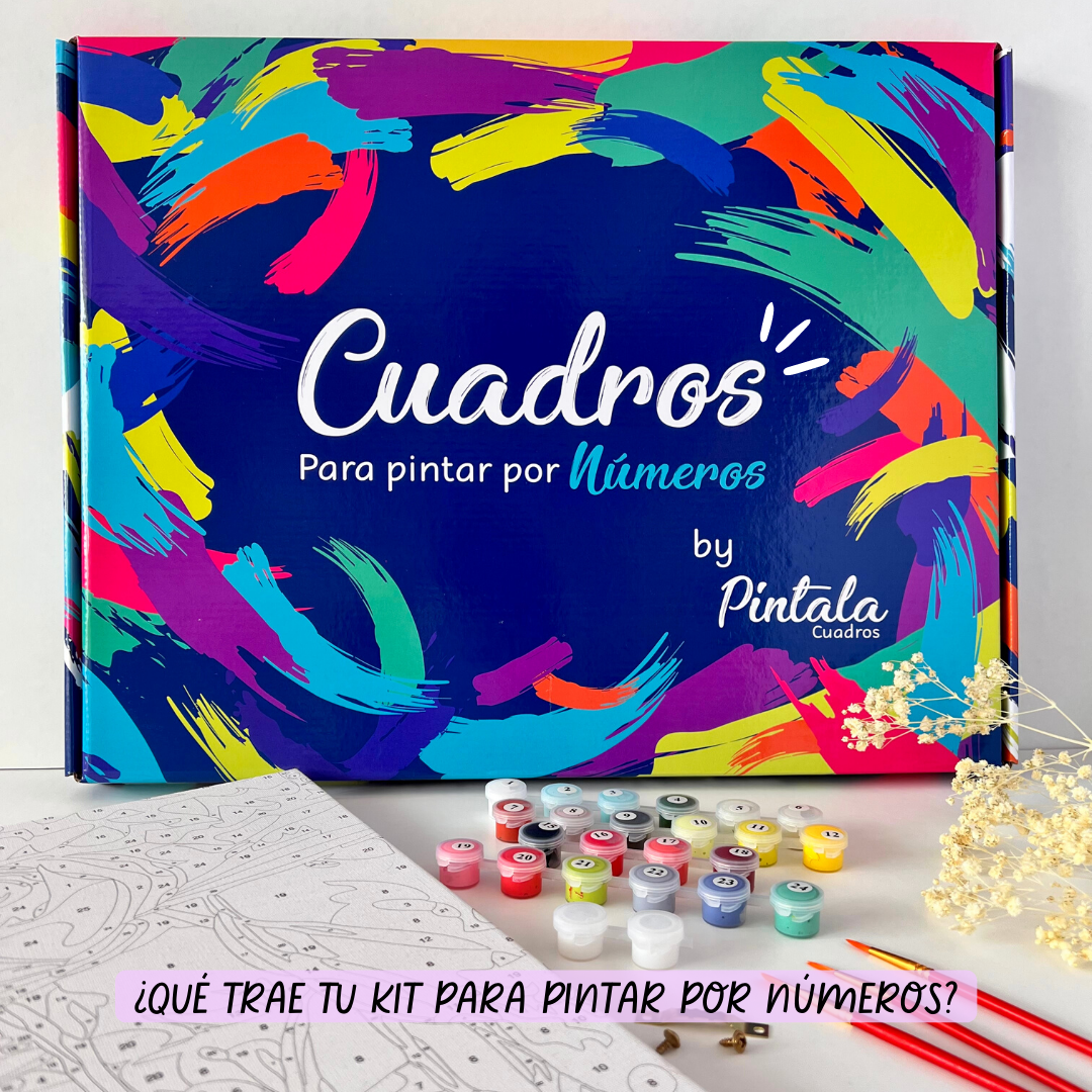 Kit de pinturas por números con caja azul y pinceles, incluye 12 frascos de pintura de colores variados.