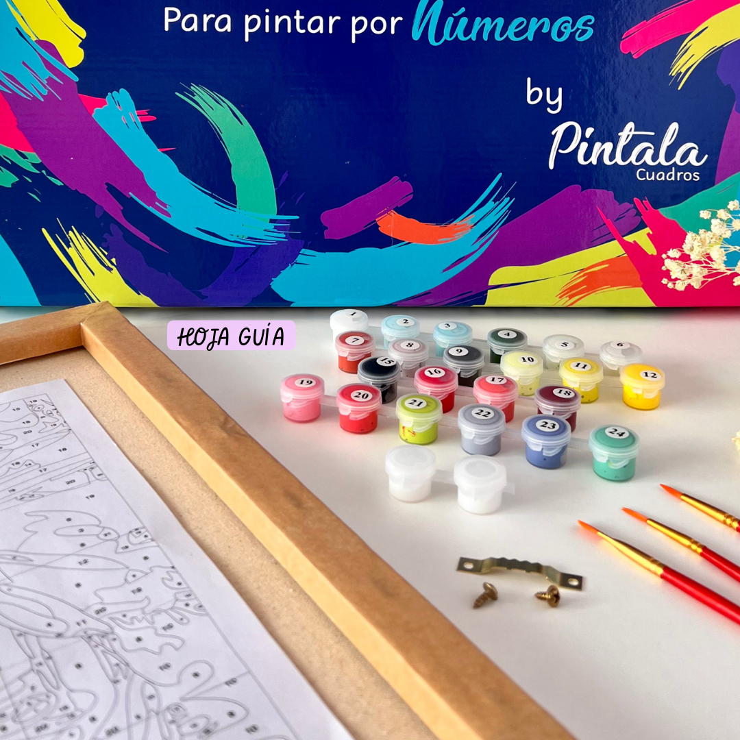Kit para pintar por números con pintura acrílica en varios colores, pinceles y marco de madera.