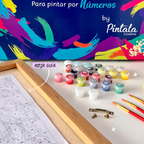 Kit de pinturas por números con 24 frascos de pintura, tres pinceles y hoja guía sobre tabla de madera.