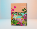 Lienzo con pintura por números de paisaje brasileño, colores vibrantes, sol rosa, Cristo Redentor, palmeras y ciudad al fondo.
