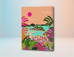 Lienzo con pintura por números de paisaje brasileño, colores vibrantes, sol rosa, Cristo Redentor, palmeras y ciudad al fondo.