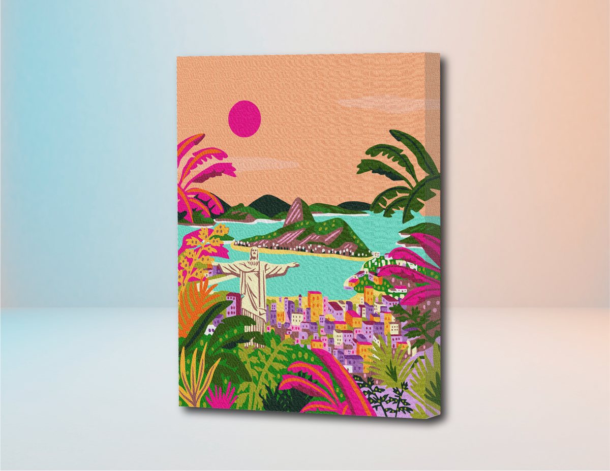 Lienzo con pintura por números de paisaje brasileño, colores vibrantes, sol rosa, Cristo Redentor, palmeras y ciudad al fondo.
