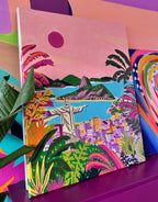 Lienzo con pintura por números de paisaje brasileño colorido con Cristo Redentor y montañas al atardecer.