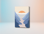 Lienzo mini 30x40cm con diseño minimalista de atardecer entre montañas azules.
