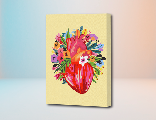 Kit de pinturas por números con diseño de corazón rojo rodeado de flores coloridas sobre fondo beige.
