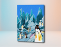 Kit de pintura por números con diseño de pingüinos en paisaje helado azul y gris.
