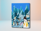 Kit de pintura por números con diseño de pingüinos en paisaje helado azul y gris.