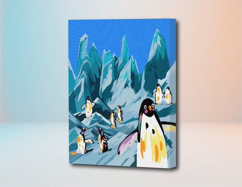 Kit de pintura por números con diseño de pingüinos en paisaje helado azul y gris.