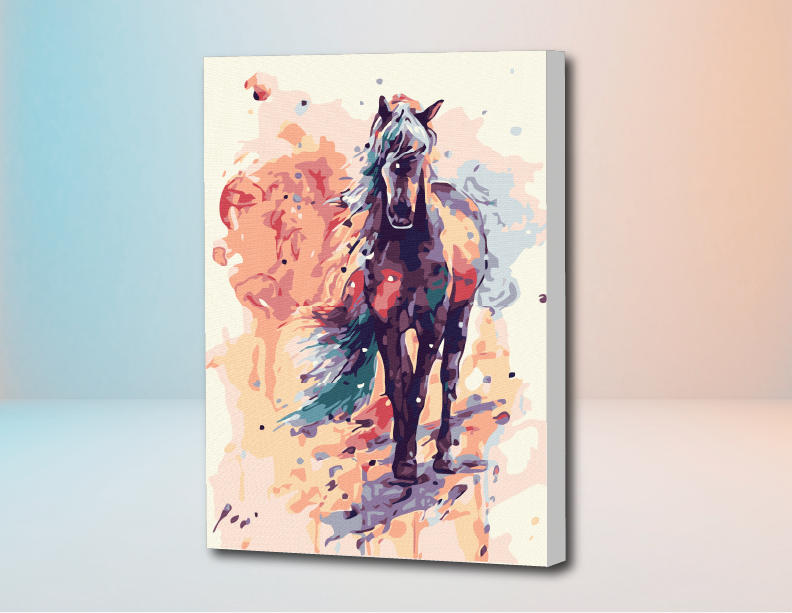 Lienzo de caballero rosado en estilo pintura por números con tonos pastel y pinceladas abstractas.