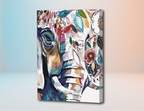 Elefante abstracto en tonos azul, marrón y blanco con flores coloridas en estilo pintura por números.