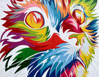 Gato multicolor con ojos amarillos en pintura por números estilo abstracto.