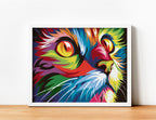 Cuadro cuadrado con pintura por números de perfil de gato colorido con bigotes detallados en tonos vivos y contrastantes.