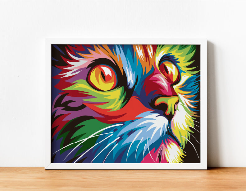 Cuadro cuadrado con pintura por números de perfil de gato colorido con bigotes detallados en tonos vivos y contrastantes.