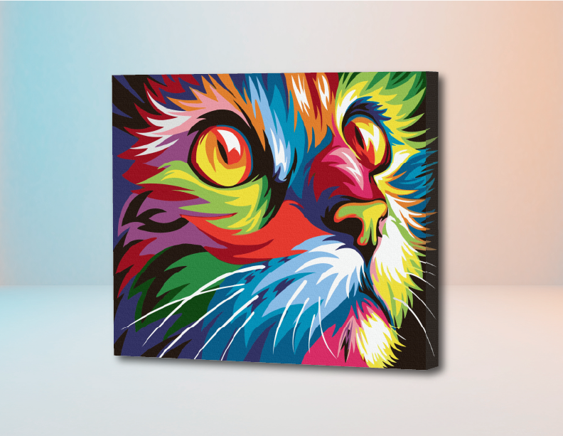 Cuadro colorido de gato con bigotes en estilo pintura por números con tonos vibrantes múltiples.