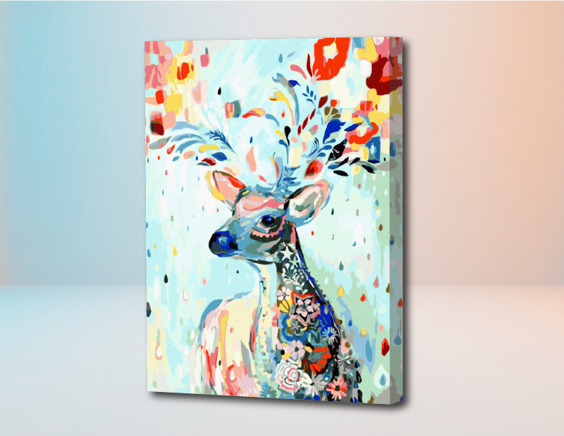 Lienzo pintado por números de reno colorido con flores y detalles vibrantes en tonos pastel y vivos.