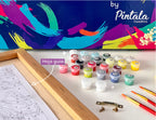 Kit de pintura por números con lienzo en marco de madera, 16 botes de pintura al óleo y 3 pinceles.